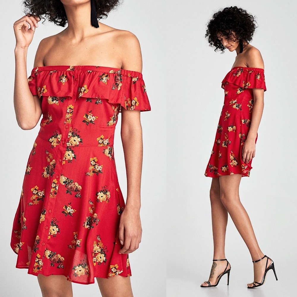 ZARA RED OFF SHOULDER FLORAL SHORT DRESS L